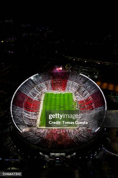 Aerial view of Monumental stadium prior a match between River Plate and Estudiantes as part of Liga Profesional 2023 at Estadio Más Monumental...