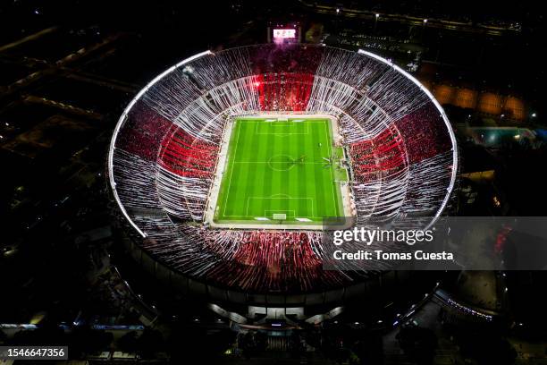 Aerial view of Monumental stadium prior a match between River Plate and Estudiantes as part of Liga Profesional 2023 at Estadio Más Monumental...