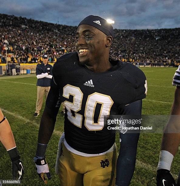 Cierre Wood of the Notre Dame Fighting Irish smiles after a win over the BYU Cougars at Notre Dame Stadium on October 20, 2012 in South Bend,...