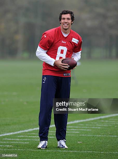 Sam Bradford of the St Louis Rams smiles during training at London Colney on October 24, 2012 in St Albans, England.