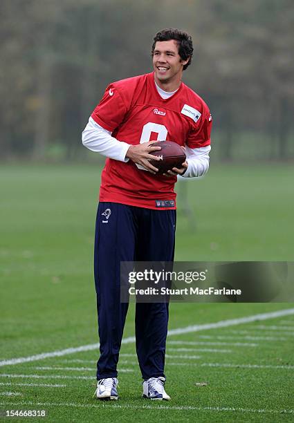 Sam Bradford of the St Louis Rams smiles during training at London Colney on October 24, 2012 in St Albans, England.