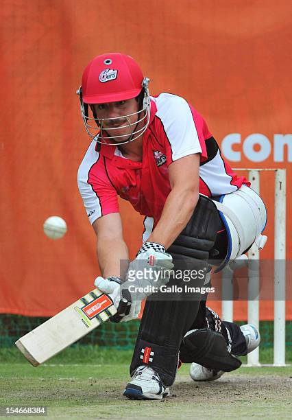 Moises Henriques bats in the nets during a Sydney Sixers training session at Bidvest Wanderers Stadium on October 24, 2012 in Johannesburg, South...
