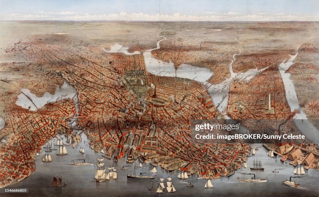 The city of Boston, In the foreground the eastern harbour district with numerous ships, quays and warehouses can be seen, in front of the fire in 1872, America, USA, Historic, digitally restored reproduction from an original of the time