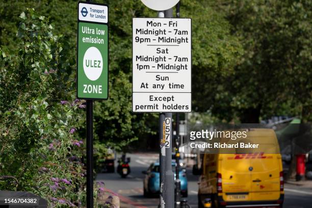 Traffic passes an ULEZ sign on the South Circular at East Dulwich, on 21st July 2023, in London, England. Introduced by his Conservative predecessor...