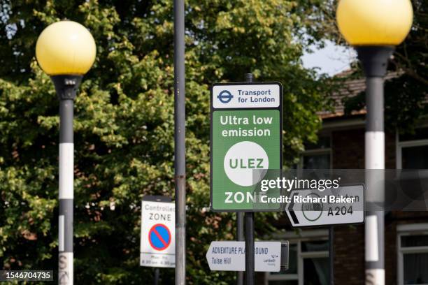 An ULEZ sign on the South Circular at Tulse Hill, on 21st July 2023, in London, England. Introduced by his Conservative predecessor Boris Johnson,...