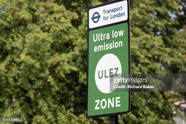 An ULEZ sign on the South Circular at Tulse Hill, on 21st July 2023, in London, England. Introduced by his Conservative predecessor Boris Johnson,...