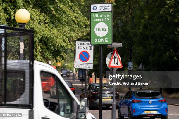 Traffic passes an ULEZ sign on the South Circular at Tulse Hill, on 21st July 2023, in London, England. Introduced by his Conservative predecessor...