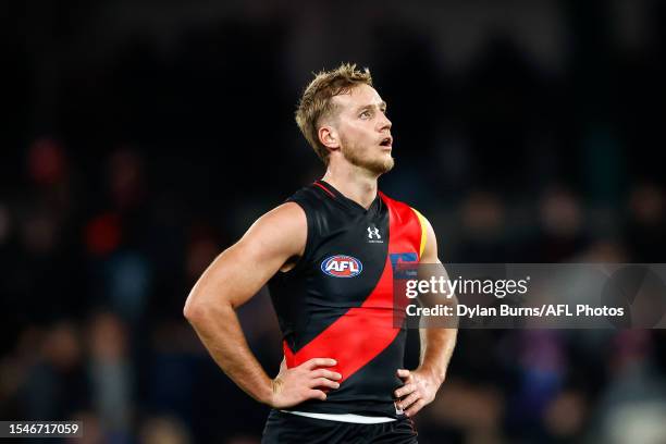 Darcy Parish of the Bombers looks dejected after a loss during the 2023 AFL Round 19 match between the Essendon Bombers and the Western Bulldogs at...