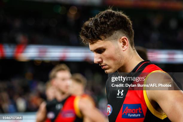 Archie Perkins of the Bombers looks dejected after a loss during the 2023 AFL Round 19 match between the Essendon Bombers and the Western Bulldogs at...