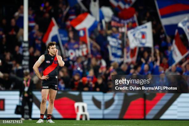Andrew McGrath of the Bombers looks dejected after a loss during the 2023 AFL Round 19 match between the Essendon Bombers and the Western Bulldogs at...