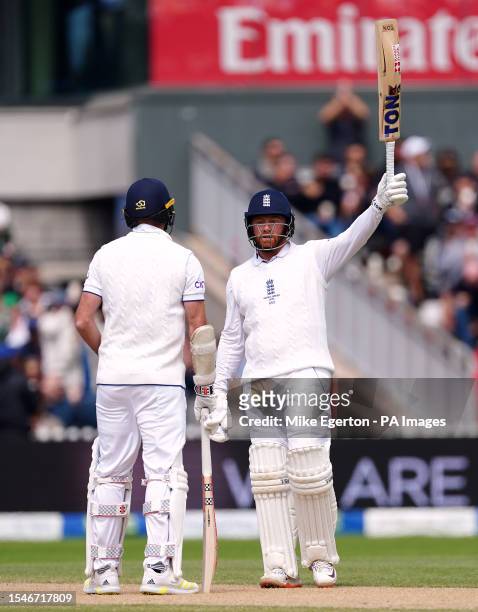 England's Jonny Bairstow celebrates reaching his half century with a six as he bats on day three of the fourth LV= Insurance Ashes Series test match...