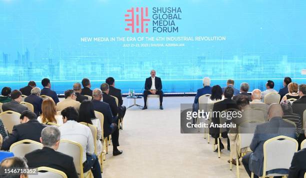 President of Azerbaijan Ilham Aliyev is giving an opening speech during the Global Media Forum titled 'New Media in the Era of the 4th Industrial...