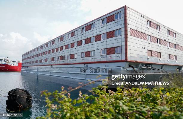 **Picture embargoed until 1400GMT, JULY 21, 2023** The Bibby Stockholm accommodation barge is seen docked in Portland, on the south-west coast of...