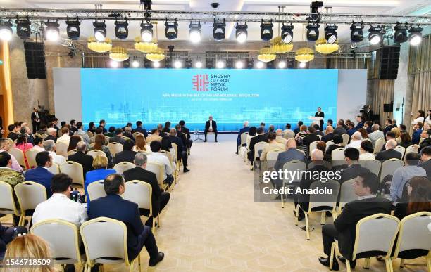 President of Azerbaijan Ilham Aliyev is giving an opening speech during the Global Media Forum titled 'New Media in the Era of the 4th Industrial...