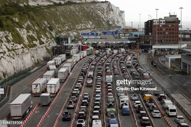 Queues of lorries and cars move steadily at the Port of Dover as the busy summer travel period begins on July 21, 2023 in Dover, England....
