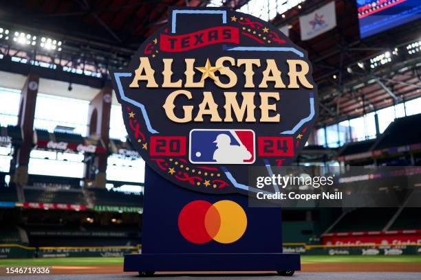 Detail shot of the 2024 Major League Baseball All-Star Game logo on Globe Life Field during the 2024 MLB All-Star Logo Unveiling at Globe Life Field...