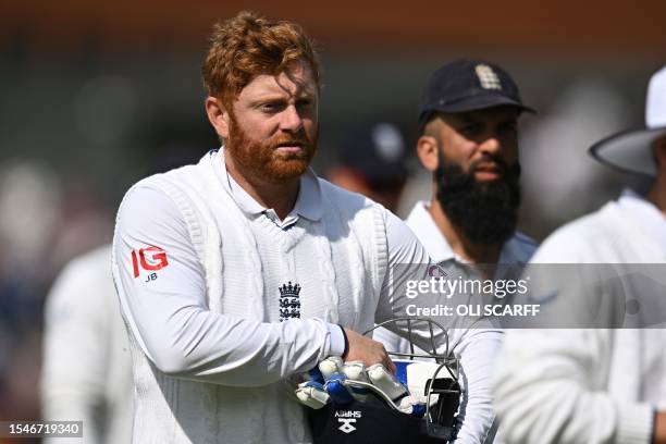 England's Jonny Bairstow leaves at the tea break on day three of the fourth Ashes cricket Test match between England and Australia at Old Trafford...