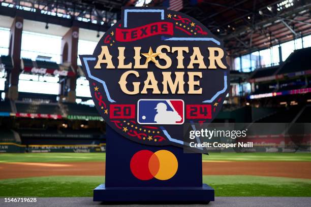 Detail shot of the 2024 Major League Baseball All-Star Game logo on Globe Life Field during the 2024 MLB All-Star Logo Unveiling at Globe Life Field...