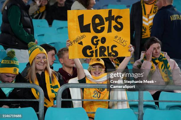 Australia fans enjoy the pre-match atmosphere during the FIFA Women's World Cup Australia & New Zealand 2023 Group B match between Australia and...