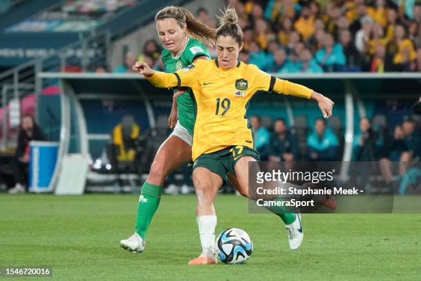 Australia's Katrina Gorry battles with Republic of Ireland's Kyra Carusa during the FIFA Women's World Cup Australia & New Zealand 2023 Group B match...