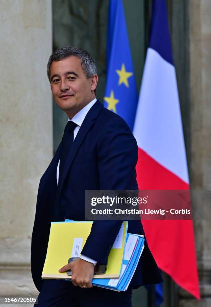 French Interior Minister Gerald Darmanin arrives for a cabinet meeting at the Elysee Palace on July 21, 2023 in Paris, France. French presidency...