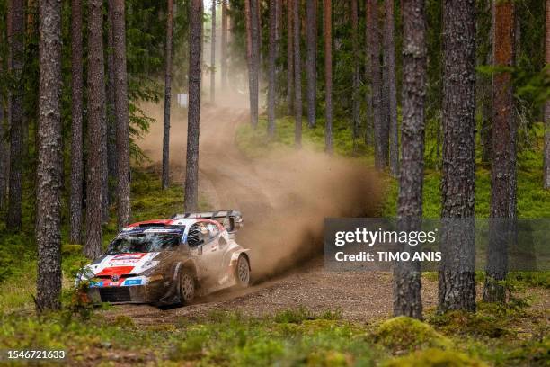 Finnish driver Kalle Rovanpera and co-driver Jonne Halttunen in their Toyota GR Yaris car compete during the Mustvee stage of the Rally Estonia,...