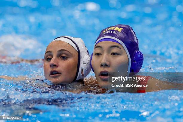 Madeline Musselm of USA, Jing Zhang of China during the World Aquatics Championships 2023 women match USA v China on July 16, 2023 in Fukuoka, Japan.
