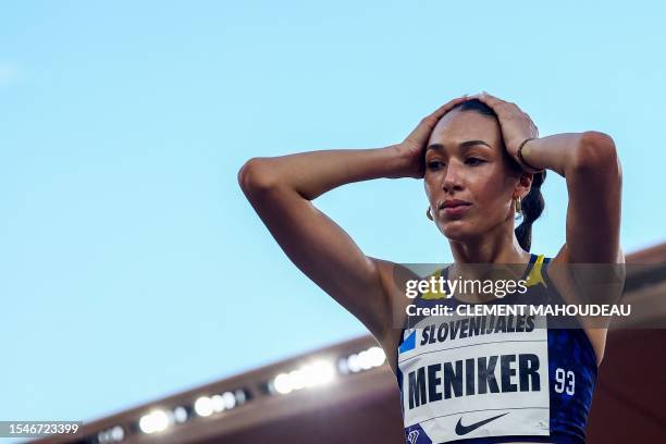 Nawal Meniker of France reacts as she competes in the Women's High Jump event during the IAAF Diamond League "Herculis" athletics meeting at the...