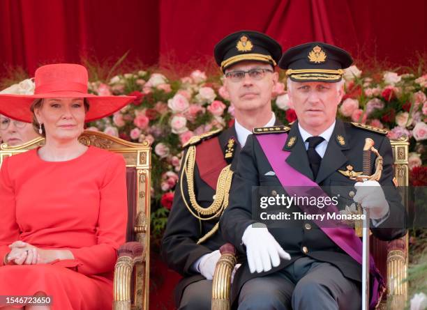 Queen Mathilde of Belgium and Philippe of Belgium attend the parade for the Belgium National Day on July 21 in Brussels, Belgium. The Belgian...