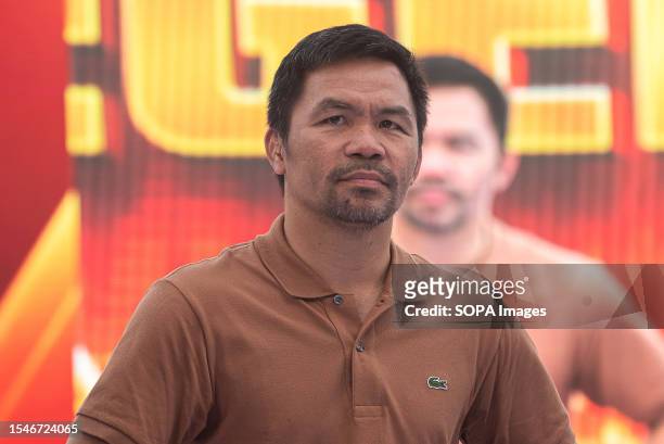 Manny Pacquiao, a Filipino boxer seen during a press conference for the exhibition boxing fight at Iconsiam in Bangkok. The exhibition boxing fight...
