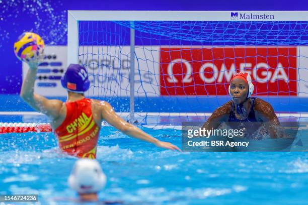 Jing Zhang of China, Ashleigh Johnson of USA during the World Aquatics Championships 2023 women match USA v China on July 16, 2023 in Fukuoka, Japan.