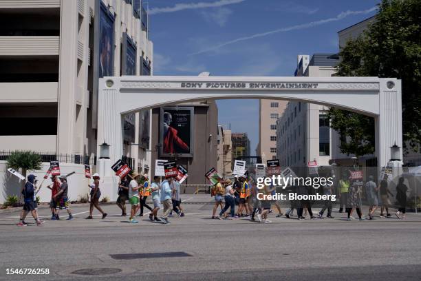 Writers Guild of America and Screen Actors Guild members and supporters on a picket line outside Sony Pictures Entertainment studios in Culver City,...