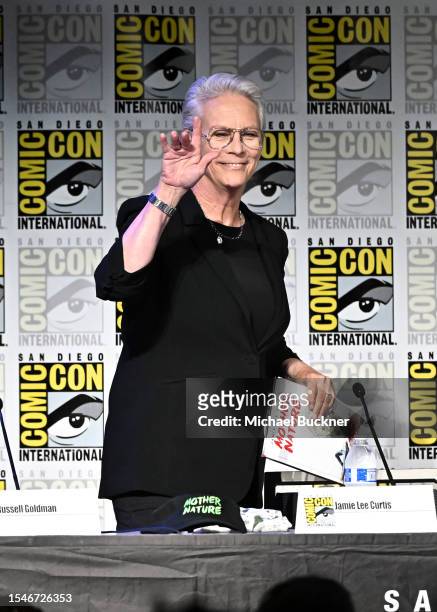 Jamie Lee Curtis onstage at the panel for her graphic novel "Mother Nature" at the 2023 Comic-Con International: San Diego at the San Diego...