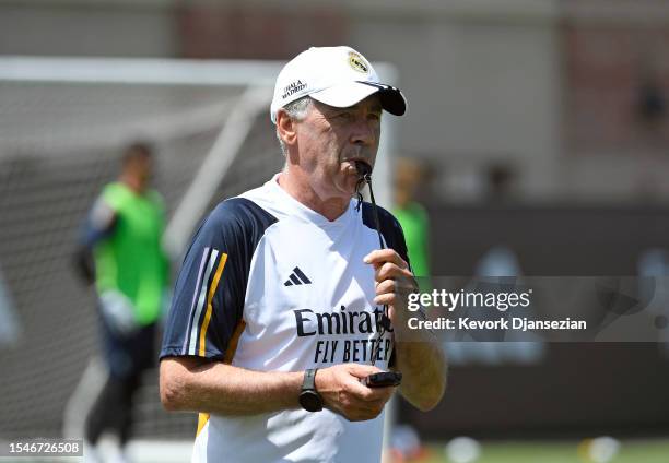 Coach Carlo Ancelotti of Real Madrid during training at UCLA Campus on July 21, 2023 in Los Angeles, California.
