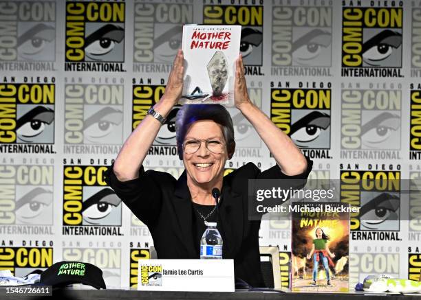 Jamie Lee Curtis onstage at the panel for her graphic novel "Mother Nature" at the 2023 Comic-Con International: San Diego at the San Diego...