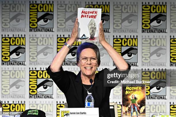 Jamie Lee Curtis onstage at the panel for her graphic novel "Mother Nature" at the 2023 Comic-Con International: San Diego at the San Diego...