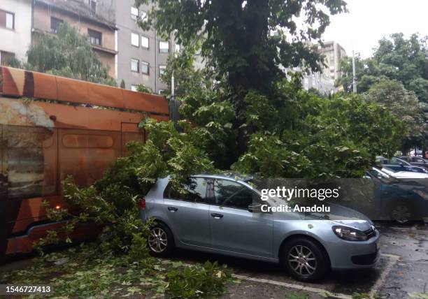 Tree falls down on a vehicle after heavy rains hit Zagreb, Croatia on July 21, 2023. Due to the adverse weather conditions in the capital Zagreb in...
