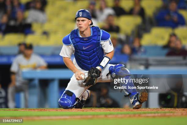 Los Angeles Dodgers catcher Will Smith blocks a ball in the dirt during the MLB game between the Pittsburgh Pirates and the Los Angeles Dodgers on...