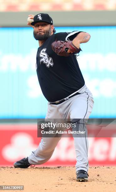 Lance Lynn of the Chicago White Sox pitches against the Minnesota Twins in the first inning at Target Field on July 21, 2023 in Minneapolis,...