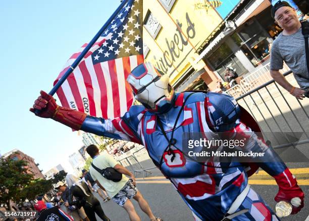 Cosplayer dressed as Captain America at the 2023 Comic-Con International: San Diego at the San Diego Convention Center on July 21, 2023 in San Diego,...