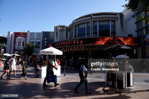 Sign for Oppenheimer at a movie theater at The Grove mall in Los Angeles, California, US on Friday, July 21, 2023. As buzz builds into the premieres...