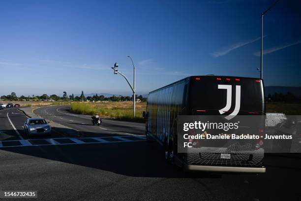 Juventus bus during the team travel to San Francisco on July 21, 2023 in San Francisco, California.