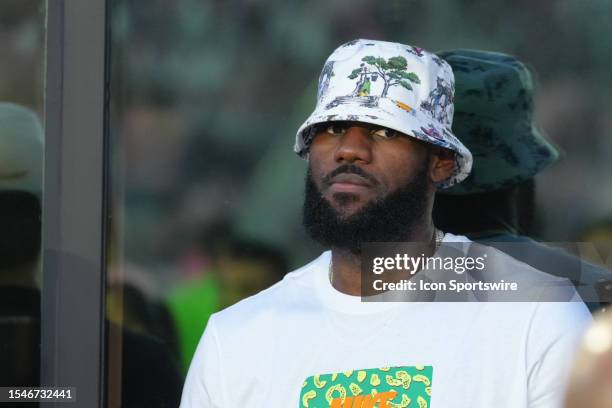 NBA player LeBron James looks on from a suite before the Leagues