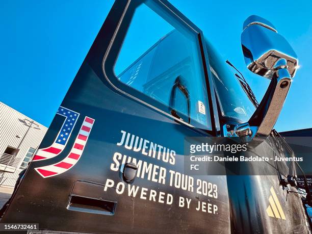 Juventus bus during the team travel to San Francisco on July 21, 2023 in San Francisco, California.