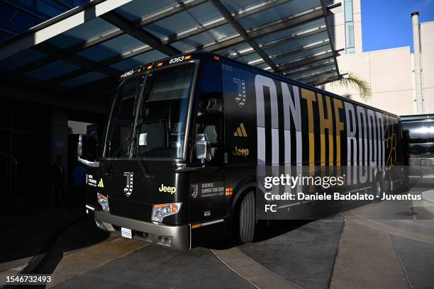 Juventus bus during the team travel to San Francisco on July 21, 2023 in San Francisco, California.