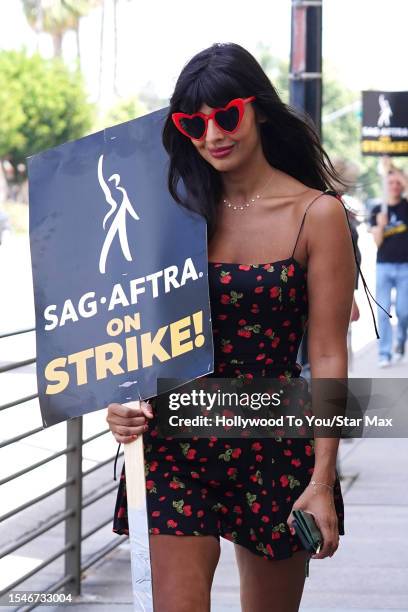 Jameela Jamil walks the picket line in support of the SAG-AFTRA and WGA strike on July 21, 2023 in Los Angeles, California.