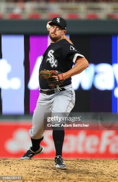 Bryan Shaw of the Chicago White Sox pitches against the Minnesota Twins in the seventh inning at Target Field on July 21, 2023 in Minneapolis,...