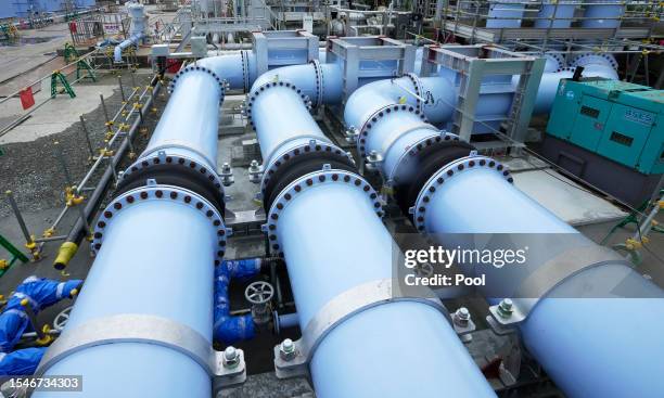 Pipes at the facility for releasing the radioactive water treated by the Advanced Liquid Processing System are prepared at Tokyo Electric Power...