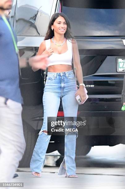 Antonela Roccuzzo is seen arriving to see Lionel Messi's debut game on July 21, 2023 in Ft. Lauderdale, Florida.