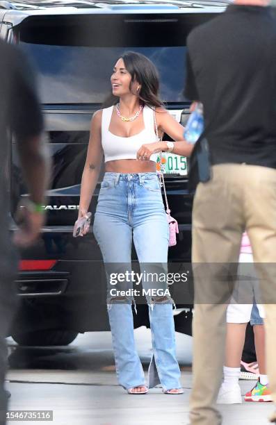 Antonela Roccuzzo is seen arriving to see Lionel Messi's debut game on July 21, 2023 in Ft. Lauderdale, Florida.